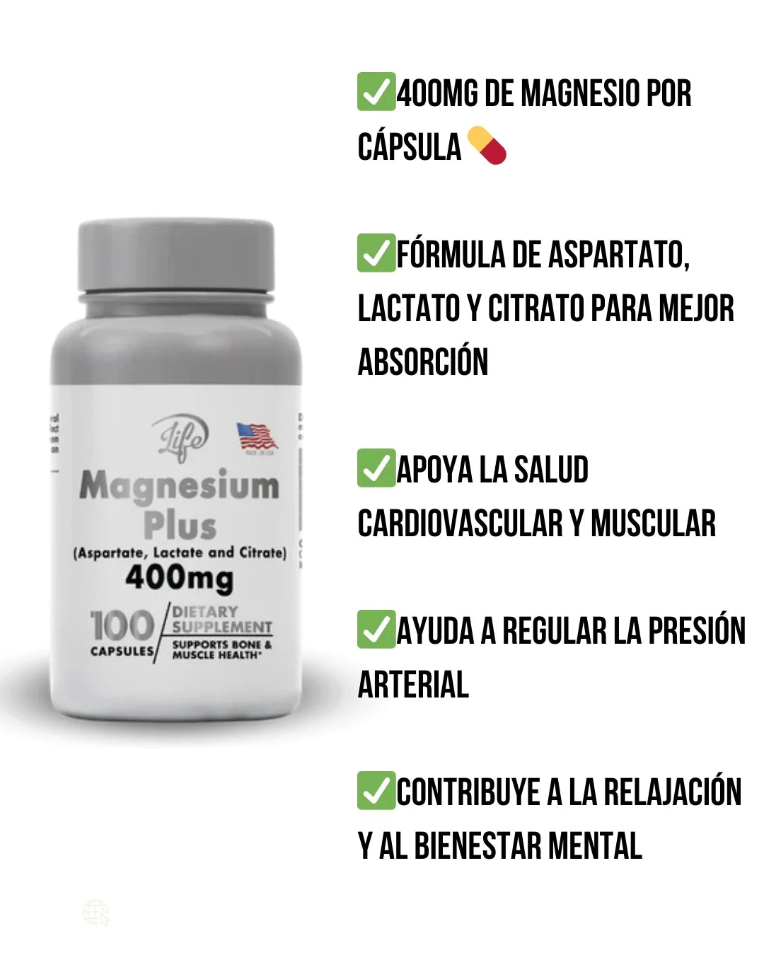 MAGNESIUM PLUS 400mg – 100 cápsulas | Salud cardiovascular, bienestar integral y mejor descanso