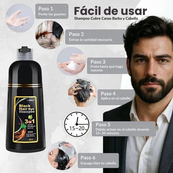 Champú Tinte negro 2 en 1 – Lava, Tiñe y Cubre Canas al Instante